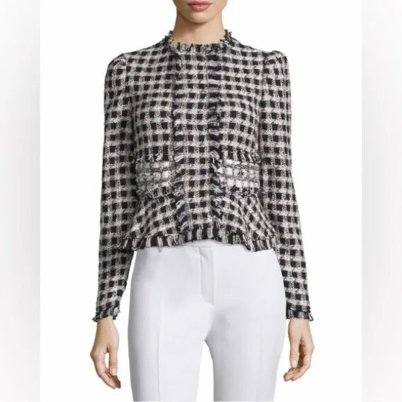 Rebecca Taylor Black and White Tweed Fringe Blazer Sz 6 - Picture 1 of 12